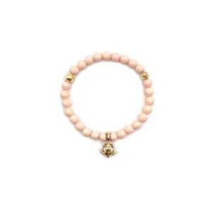 Pink Beaded Bracelet with Gold Fleur Charm for Women